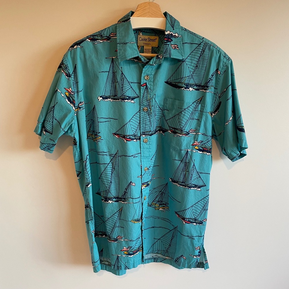 Cooke Street Honolulu Mens Blue Sailboat‎ Print Short Sleeve Button Up Shirt M